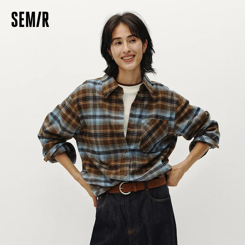 Semir Women Winter Shirt Mid Length Brushed Fabric Cotton Plaid Loose Fit Vintage Style 2026 New Winter Daily Wear