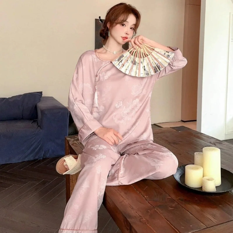 Silk Pajamas Set Night Wear Female Sleeping Wear for Woman Sleepwear Pyjamas Floral Spring Autumn Long Sleeve Pajamas for Lady