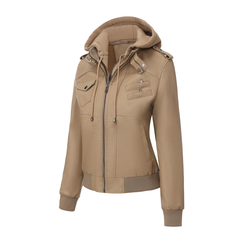 2027 New Women's Long-Sleeve Hooded Faux Leather Jacket—a Lightweight, Slim-fit PU Biker Coat for Spring/Fall.Black,Brown,Khaki.