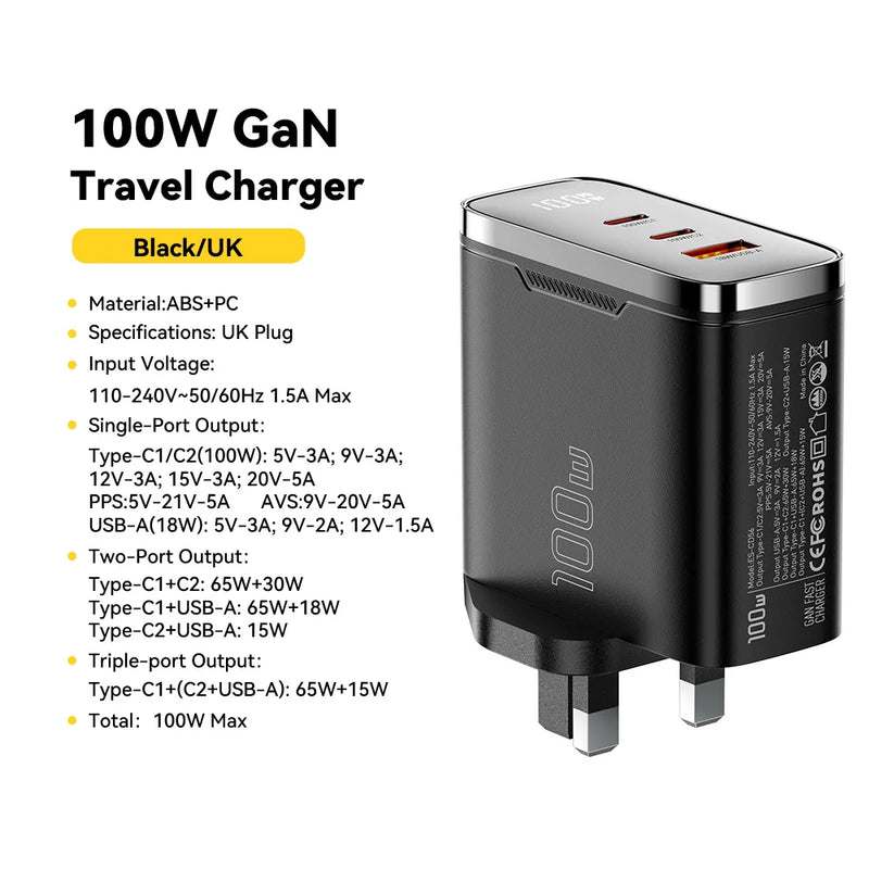 ឆ្នាំងសាក Essager 100W GaN USB Type C ឆ្នាំងសាកឌីជីថល PD QC ឆ្នាំងសាក USB ចល័តសម្រាប់ iPhone 17 16 15 Xiaomi Macbook Laptop