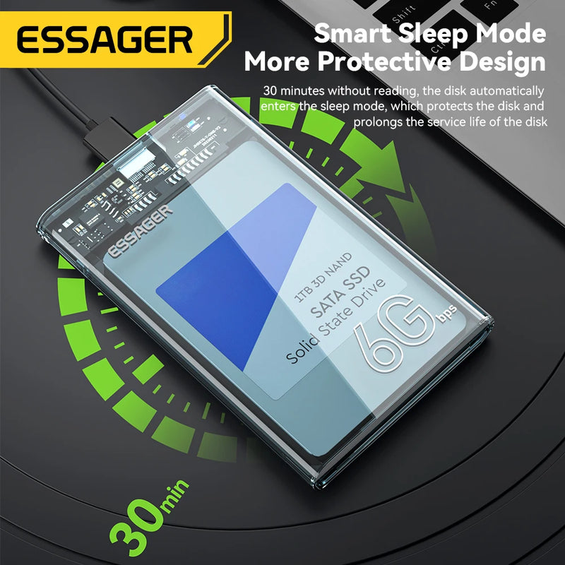 ប្រអប់ Essager ទំហំ 2.5 អ៊ីញ SATA Box USB 3.0 HDD Enclosure Mobile Hard Drive Cases សម្រាប់ SSD ទំហំ 2.5 អ៊ីញ SATA Storage Enclosure Hard Disk Case