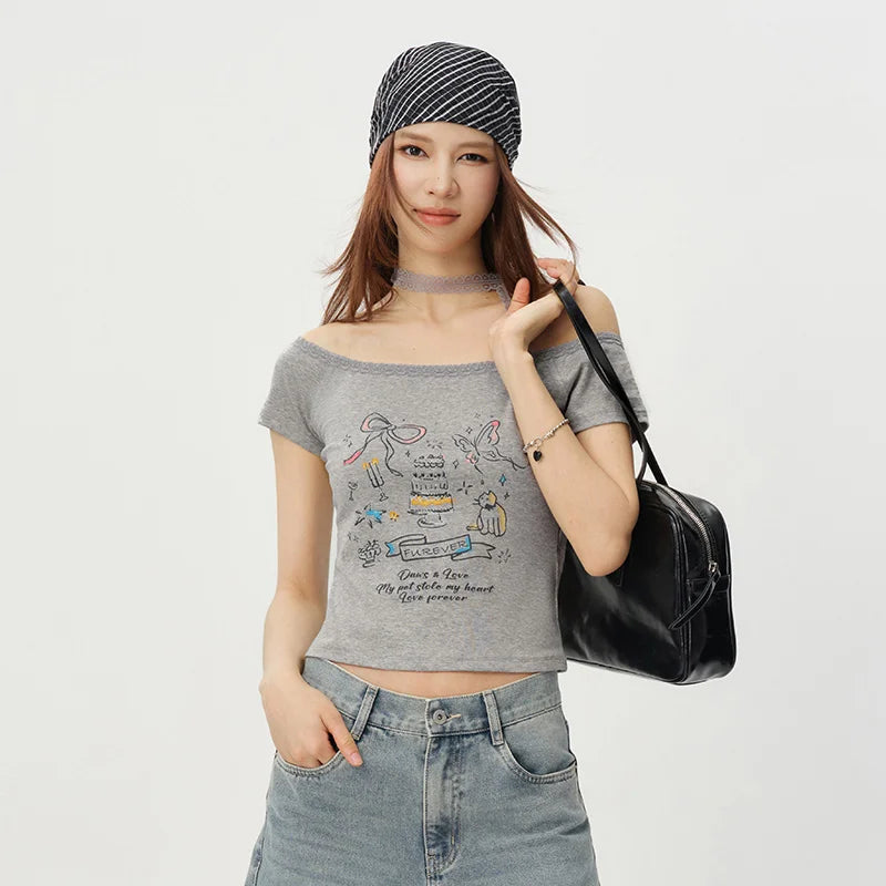 Semir Women Tshirt Lace One Shoulder Print Slim Cropped Top 2026 Summer Trendy