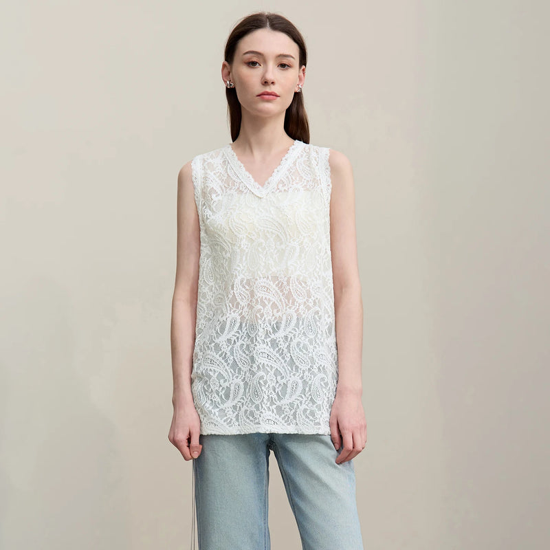 Amii Women's Camisole 2026 Summer New V-Neck Paisley Lace Tank Tops Loose Lightweight Sheer Female Sleeveless Shirt 12652017