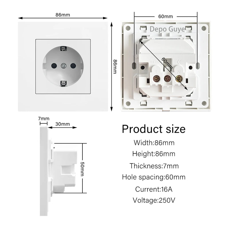 White EU standard electrical wall adapter charging German plug socket power Outlet, 16A,Black PC panel home bedroom socket