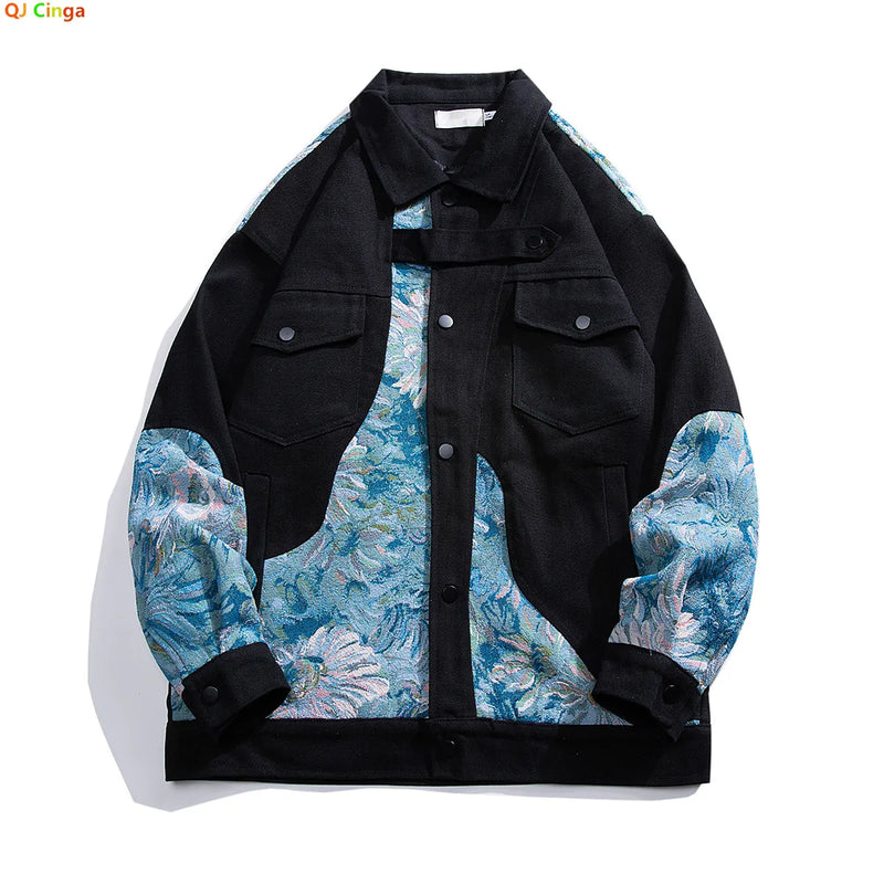 Unisex Black Long-sleeve Jacket with A Lapel Collar; Men’s and Women’s Beige Coats with Embroidered Details; loose-fitting Tops