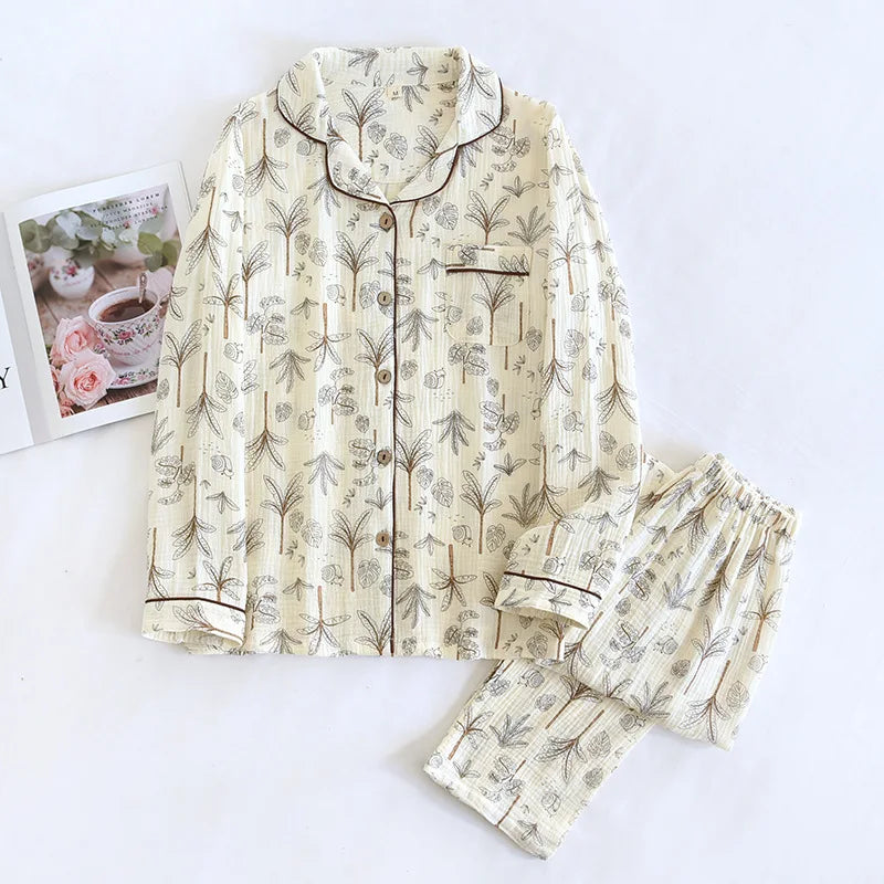 2026 Spring and Autumn Women's Pajama Set 100% Cotton Crepe Long sleeved Pants Two piece Cute and Sweet Ladies Home Fury Set