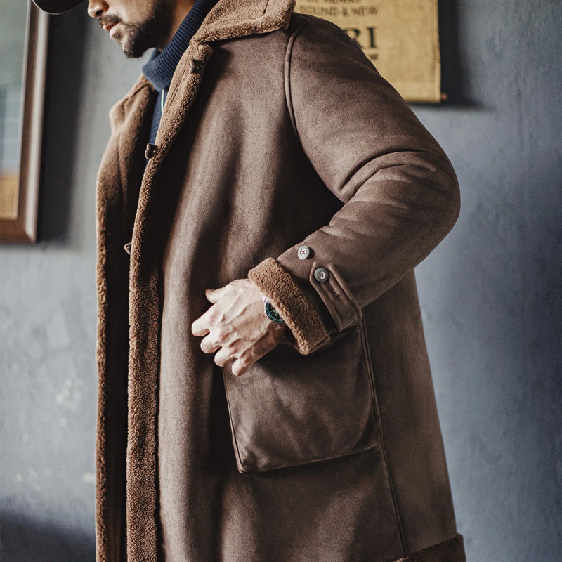 អាវធំ Maden សម្រាប់បុរស Retro B7 Suede-Fleece Parka ប្រវែងមធ្យម ធ្វើពីរោមចៀមសិប្បនិម្មិត អាវធំក្រាស់ មានដើមទ្រូងតែមួយ សម្រាប់រដូវស្លឹកឈើជ្រុះ រដូវរងា