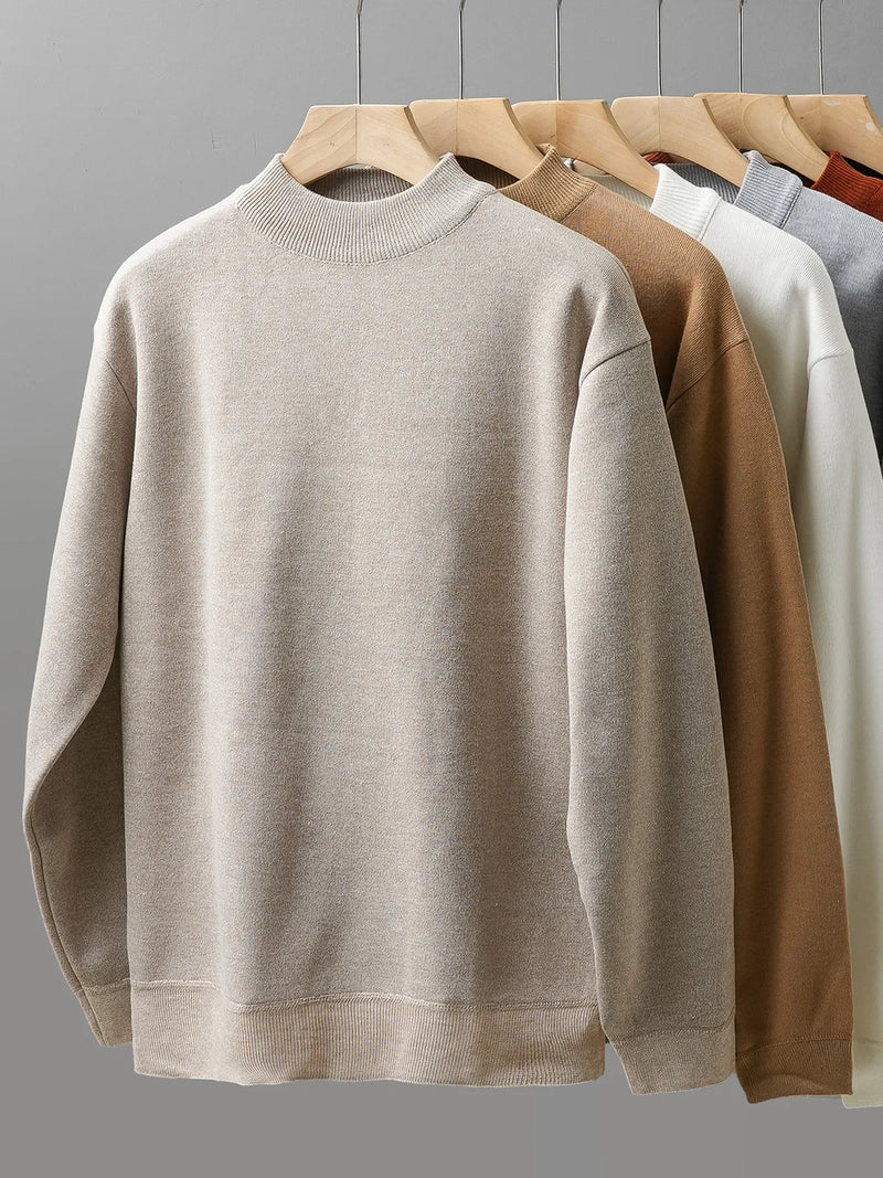 DUKEEN Men's Mock Neck Sweaters Winter Fleece-Lined Thick Warm Pullovers Solid Color Crew Neck Sweater Knitwear