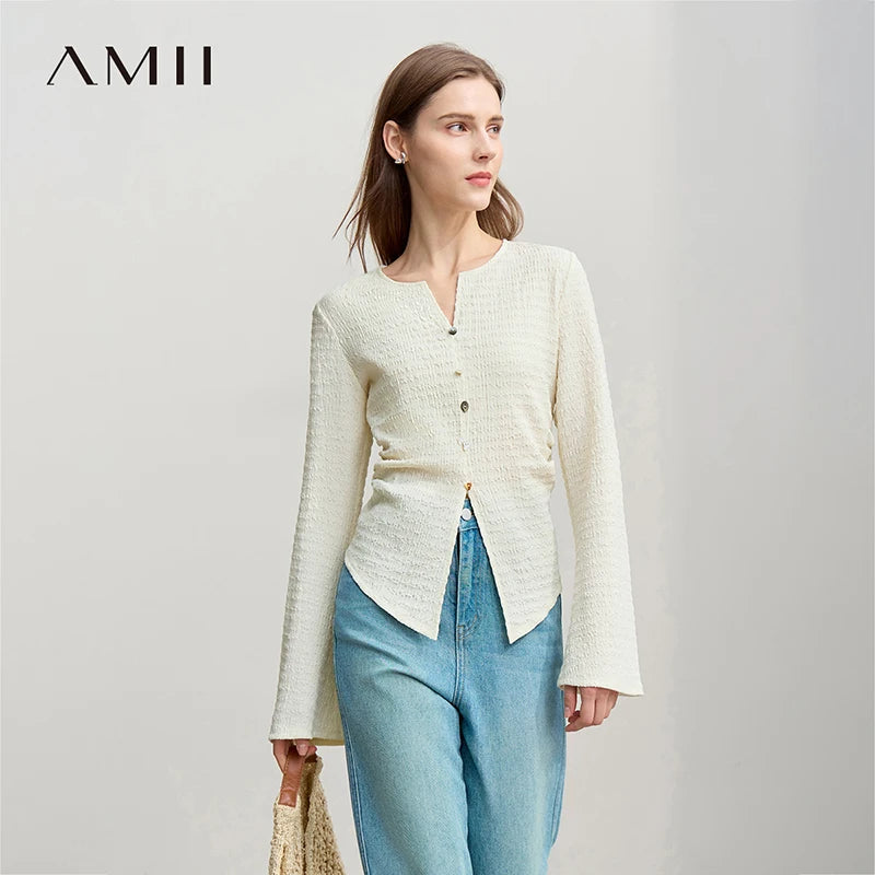Amii Long Sleeve Women's T-shirt 2026 Autumn New Minimalist Slim Elastic Flare Sleeve Knitted Pullover Tops For Woman 12611001