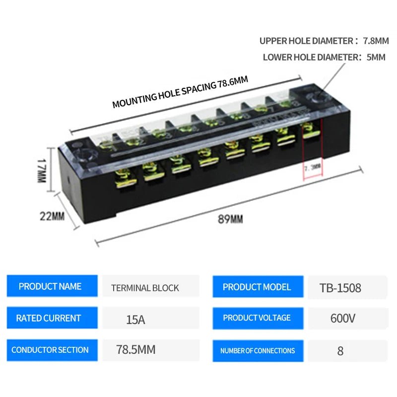 15A/25A/45A 3/4/6/8/10/12 Dual Row Barrier Screw Terminal Block Strip Wire Connector 600V Positions Optional