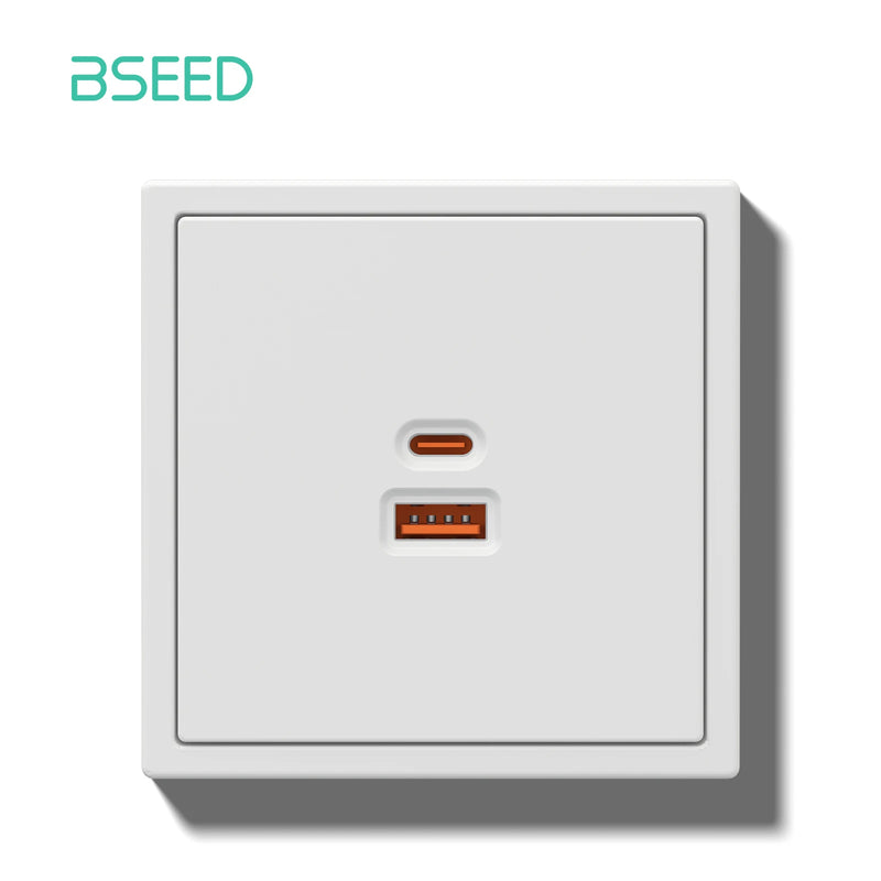 BSEED Mechanical Button Light Switch 1/2Gang 1Way With 65W USB Type-C Fast Charge Socket Plastic Frame Switch With LED Indicator