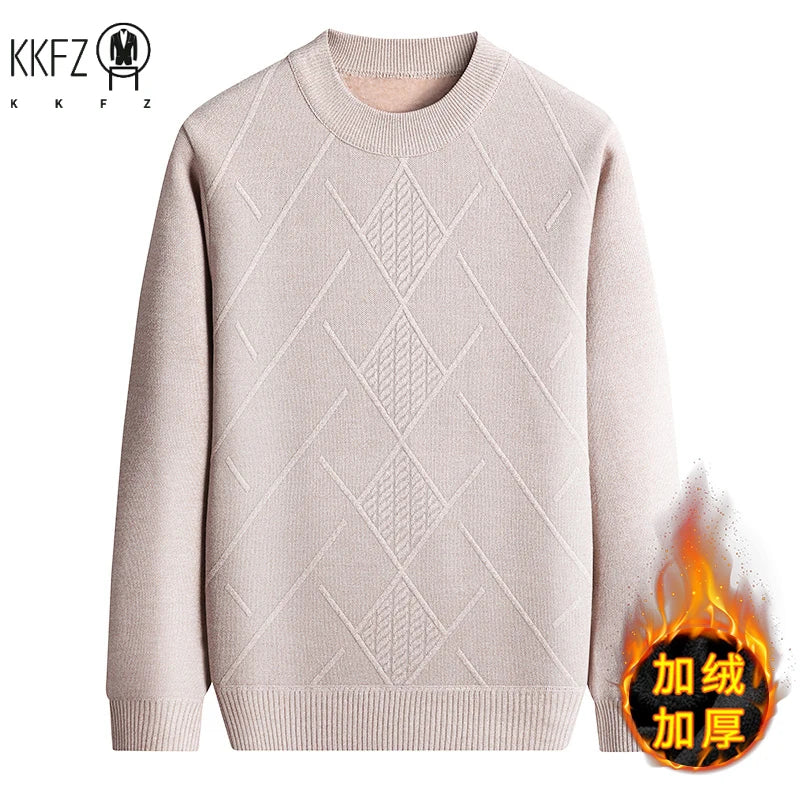 Breathable Outer Knit Men Thermal Jumper Full Plush Inner Retro Rhombus Jacquard Daily Commuting Pullover