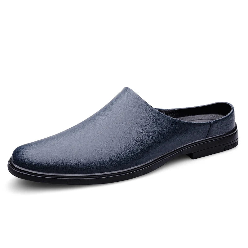 Summer Fashion Half Shoes Men Casual Comfortable Leather Shoes Half Slippers Solid White Slip On