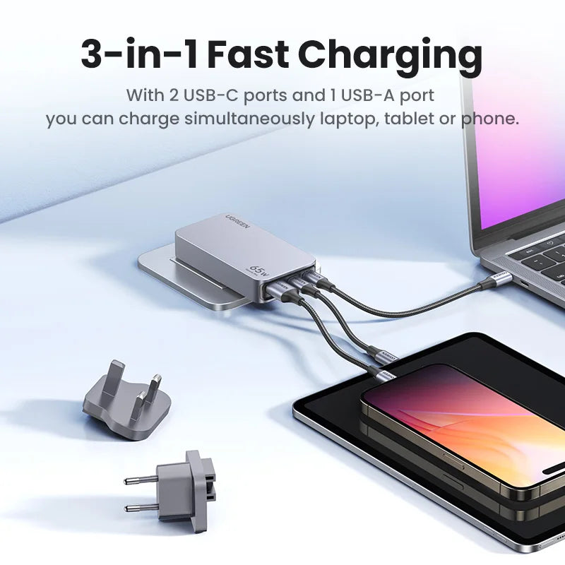 UGREEN 65W GaN Charger Quick Charge 4.0 3.0 USB C Charger For iPhone 17 16 15 Pro PD 3.0 Fast Charger For Macbook Laptop Tablet