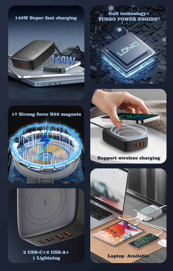ឆ្នាំងសាកឥតខ្សែ LDNIO 140W 6 ក្នុង 1 ឆ្នាំងសាកឥតខ្សែ GaN 65W USB-C PD QC USB-A ស្ថានីយសាកថ្មលឿន ខ្សែបន្ថែមឆ្នាំងសាកកុំព្យូទ័រលើតុ 6 ក្នុង 1