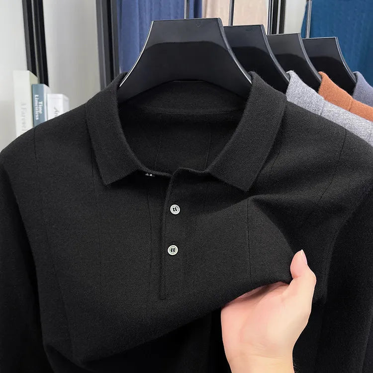 Men's Polo Collar Wool Blend Sweater 340g Thick Anti-Pilling Long Sleeve Knitwear for Spring Autumn