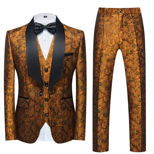 Men's Blue Jacquard Fabric Suit 3-Piece, Fashion Slim-Fit Blazer Jacket Trousers Vest, Spring  Autumn New Men Sets, Asian Size