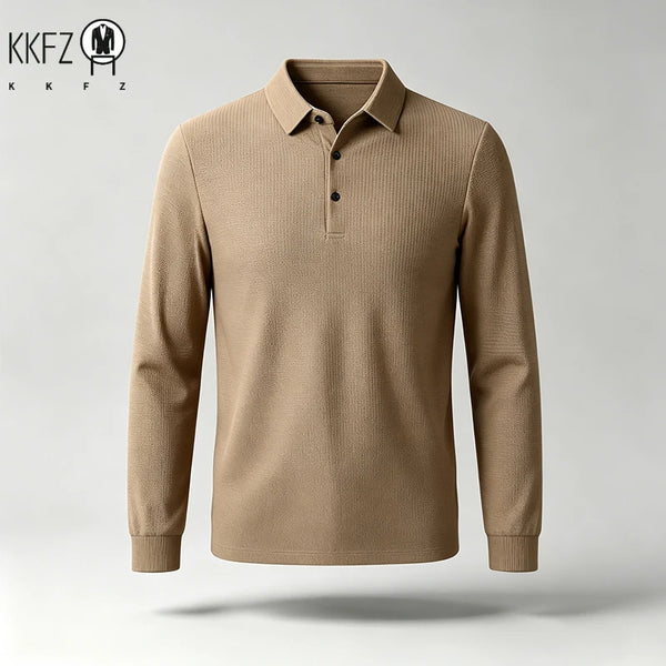 Men Long Sleeve Lapel Polo Shirt Lightweight Textured Knit Button Top Suitable For Business Meeting Daily Wear