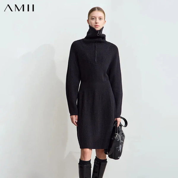 Amii Minimalist 2026 Winter New Women's Casual Knitted Skirt Lapel Shoulder Sleeve Zipper Semi-open Placket Waist Dress 12444240
