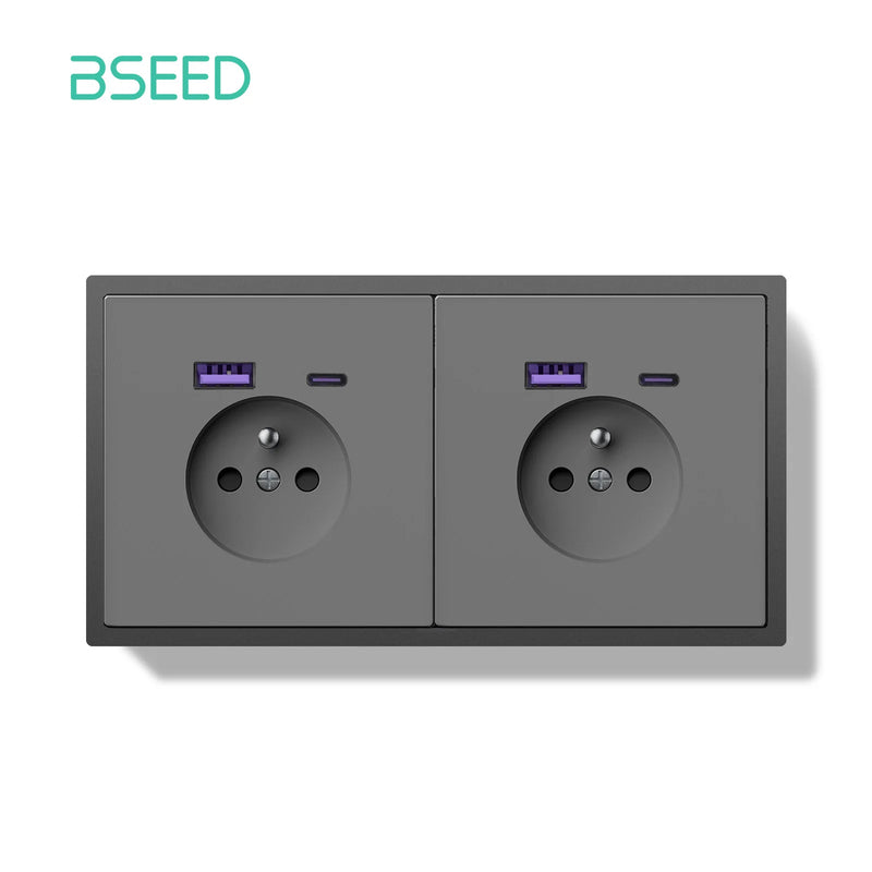 BSEED French Standard Wall Power Socket Electrical Outlets 20W USB Type-C Fast Charge Port Socket White Black Plastic Frame 16A
