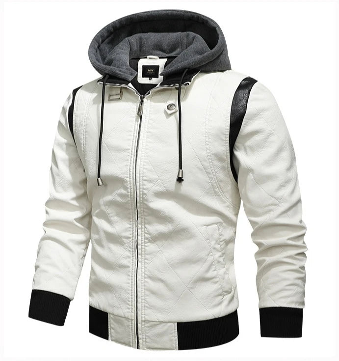 European and American-style Men's White Faux Leather Jacket; Black Hooded PU Motorcycle Coat with A Detachable Hood.