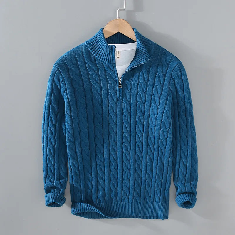 Men's Cable Knit Half Zip Sweater Fall Winter Warm High Neck Pullover 100% Cotton Stretch Knitwear