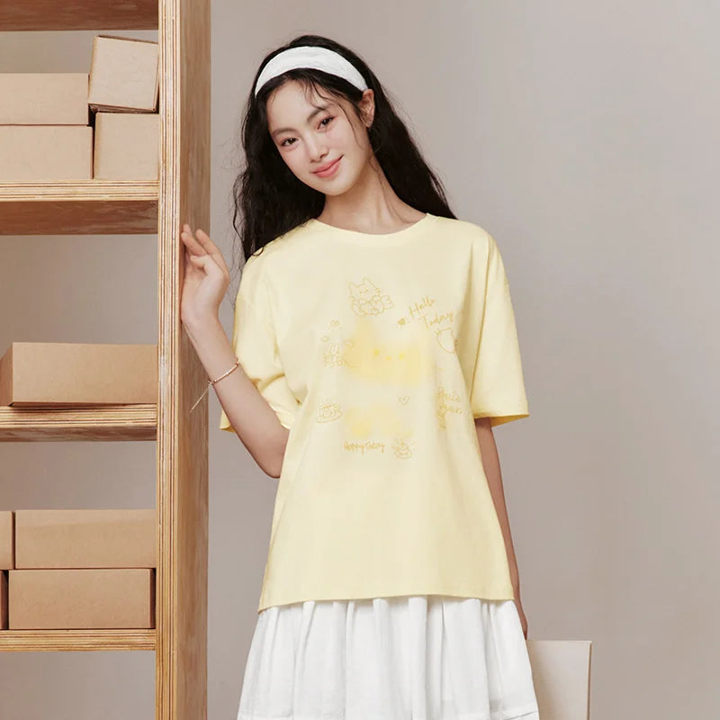 Semir Women Tshirt Mid Length Loose Cartoon Print Short Sleeve Summer 2026 Cute Casual Niche Style Fashion Top Tee