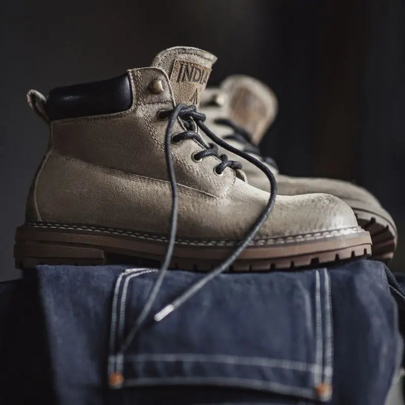 ស្បែកជើងកវែង Maden Full Grain Pigskin High Top Work Boots Casual Lace-Up Desert Boots Retro Genuine Leather Ankle Boots for Men Fall Winter