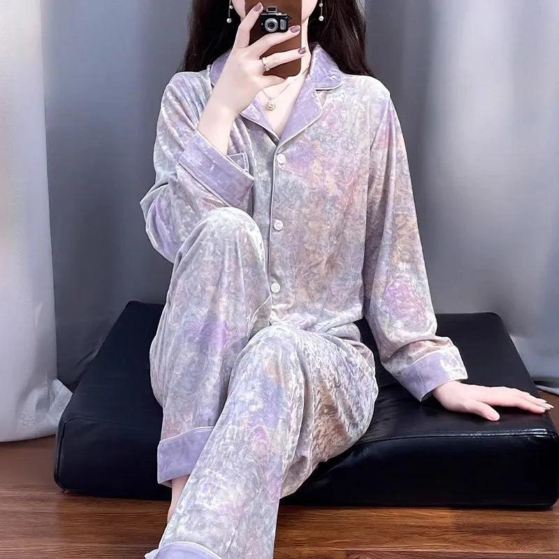 Knitted Gold Velvet Long Sleeved Long Pants Suit Soft And Comfortable Pajama Set 2026 Autumn Winter Women's Home Wear Sleepwear
