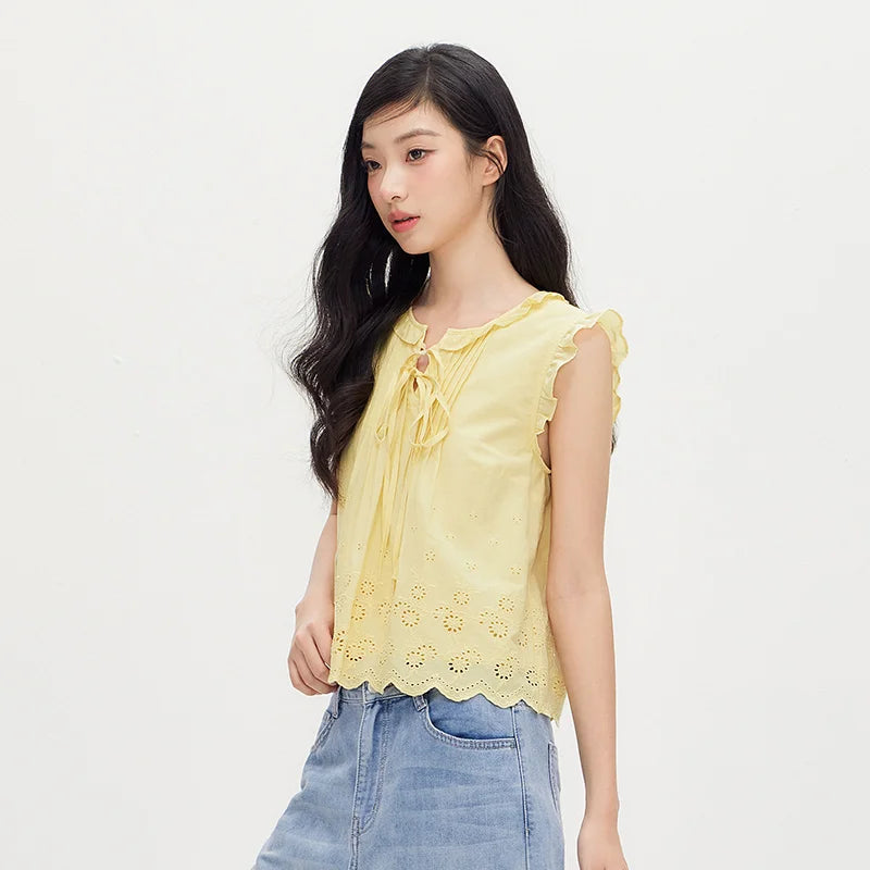 Semir Women Shirt Cotton Embroidered Bow Short Length Ruffle Lace Sweet Stylish 2026 Summer Casual Fashion Versatile Top