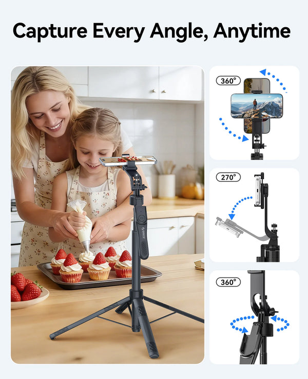 ORICO 73' Aluminum Portable Tripod Selfie Stick 4-Leg Base 360° Rotatable Handle Wireless Remote Stand for IPhone/Android/Camera