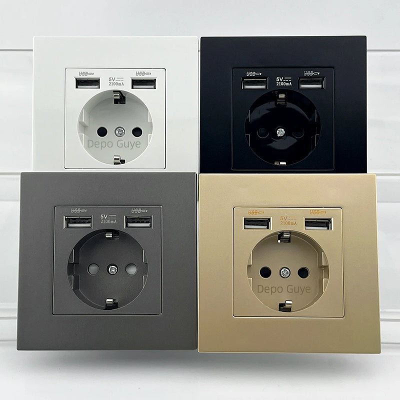 EU Power Socket ,Socket With 2USB Charging Port 2.1A,White Gray PC Panel 86mm*86mm Russia Spain Korea 16A Wall Socket for home