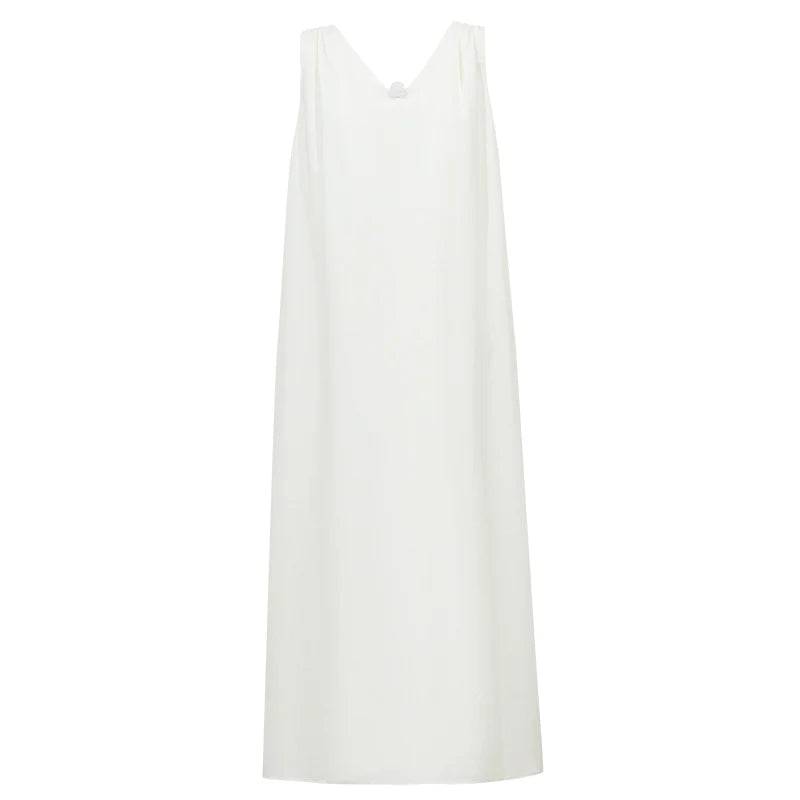 Amii Sleeveless Women's Dress 2026 Summer New Elegant Beaded V-Neck Pocket Loose Fit Solid Color Holiday Long Dresses 12642142
