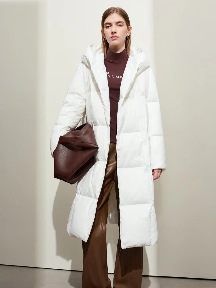 AMII Women's Down Coats Long Jacket Casual Loose Hooded Covered Button Coats 2026 Winter New Versatile Ladies Clothing 12424110
