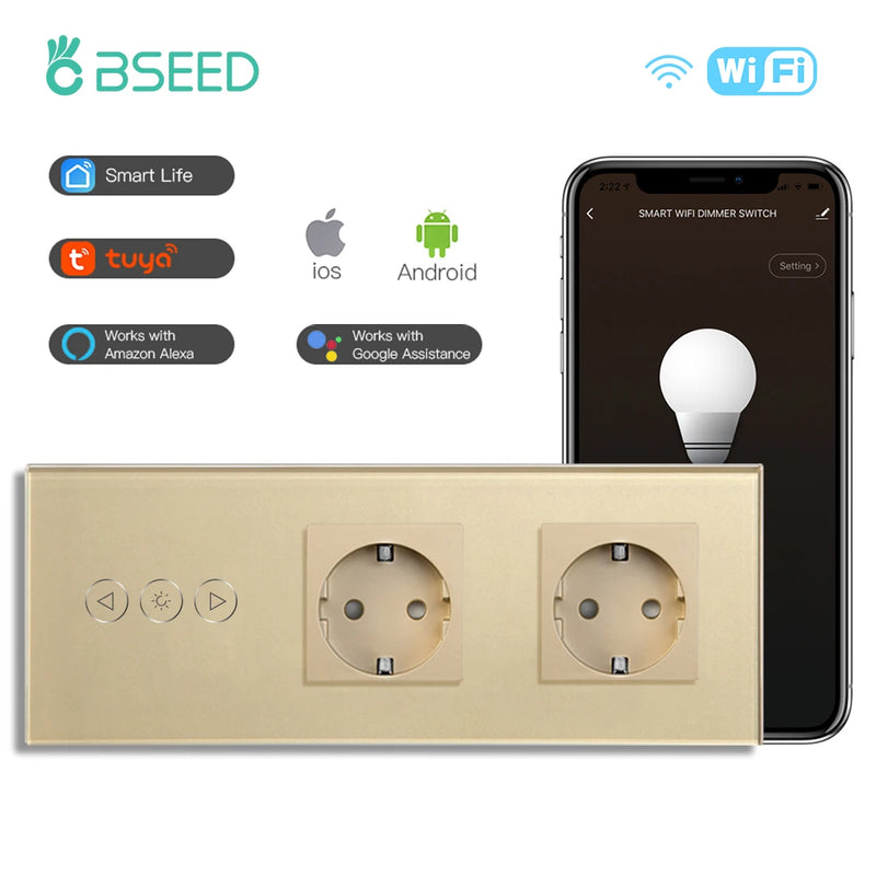 BSEED Wifi Dimmer Switch Smart Dimmable Touch Switch With EU Socket Glass Panel Support Tuya Smart Life Google Home Control