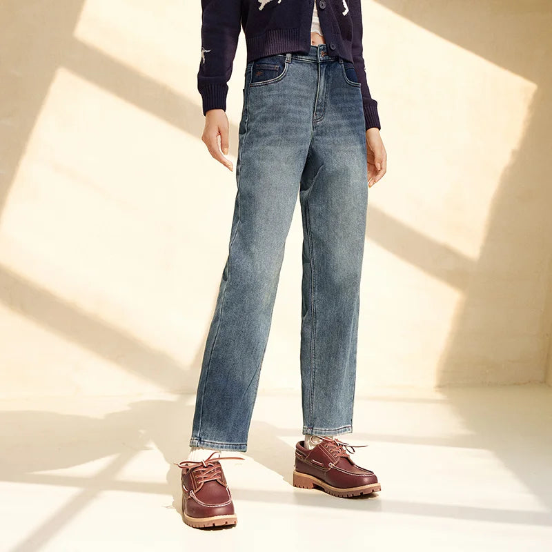 Semir Women Jeans Fleece Lined Elastic Waist Tapered Loose Fit Hip Covering 2026 Streetwear Vintage Denim Pants