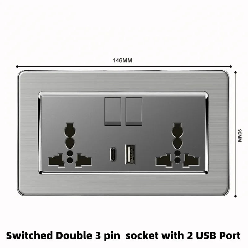 Grey Stainless Steel Metal Uk 13A Wall 220V Light Switch with Electrical Socket, Smart Type-c Fast Charging Wall USB C Socket