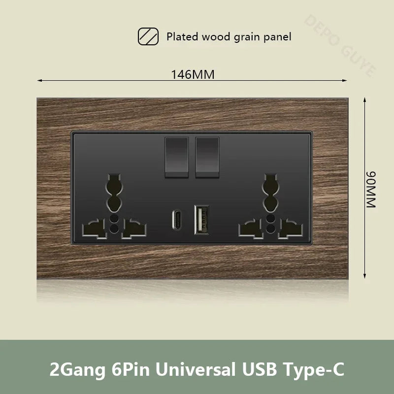 UK 18W Type-C Quick charge Dual Power Outlet,Universal Retro Wood Grain Electrical USB Socket,220V Electrical  Wall Light Switch