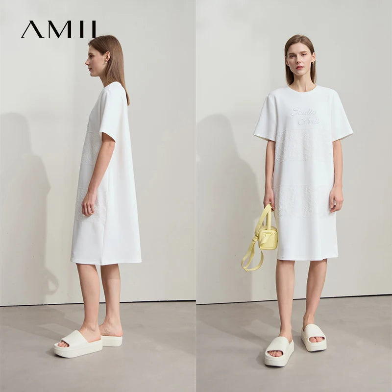 រ៉ូប Amii Minimalist រលុង 2026 ម៉ូដរដូវក្តៅ កមូល អក្សរ ប៉ាក់ចរ រ៉ូបធម្មតា សម្លៀកបំពាក់នារី 12542195