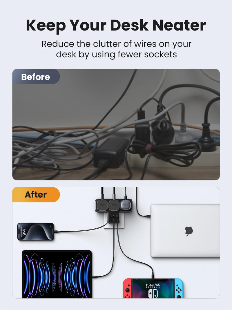 UGREEN UK Plug Power Strip Outlet Extension Adapter For iPhone 17 16 Pro Max Xiaomi Wall Fast Charger AD DC Travel Adapter