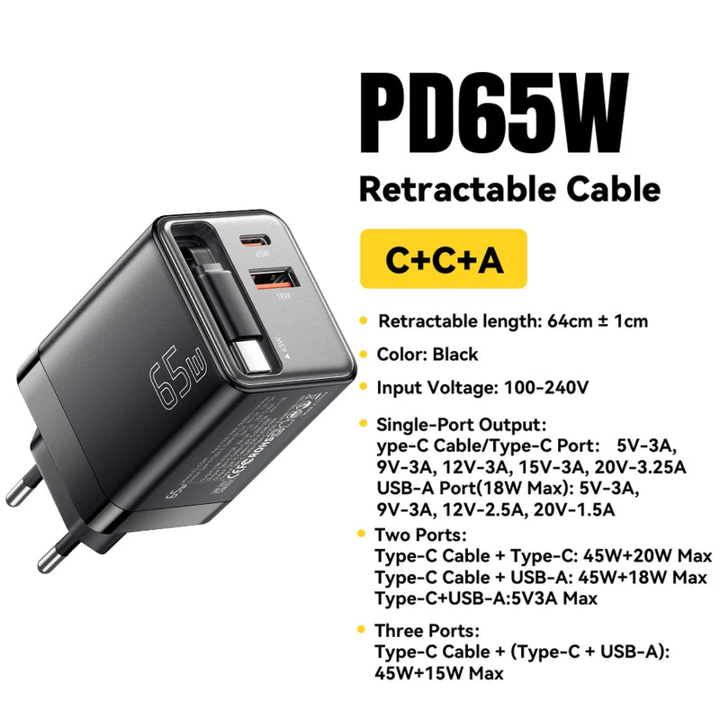ឆ្នាំងសាក Essager 65W GaN ជាមួយខ្សែរ PD សាកថ្មលឿនសម្រាប់កុំព្យូទ័រយួរដៃ Macbook iPhone 17 16 15 Xiaomi Type-C ឆ្នាំងសាកទូរស័ព្ទ