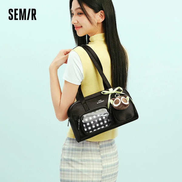 កាបូបស្ពាយស្ត្រី Semir លំនាំ Checker សមត្ថភាពធំ រចនាប័ទ្ម Tote កាបូបស្ពាយធម្មតាសម្រាប់ទីក្រុង កាបូបស្ពាយប្រចាំថ្ងៃ 2026