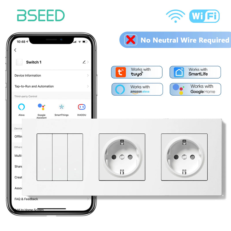 BSEED 1/2/3Gang 2Way WIFI Light Switch Smart Click Switch With EU Wall Socket Plastic Frame Tuya Smart Life No Neutral Line