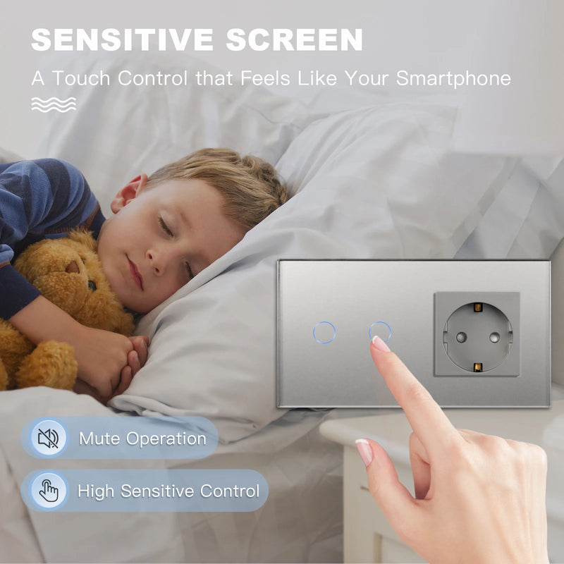 BSEED Touch Light Switch Wall EU Socket 1/2/3Gang 1Way Touch Switch Power Outlet Max.Load 300W/Gang Glass Panel Wall Switch