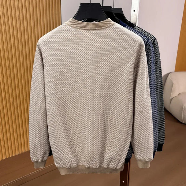 100% Cotton Textured Grid Knit Sweater – Long Sleeve Crewneck Slim Fit Pullover for Autumn Winter (3 Colors, M-4XL)