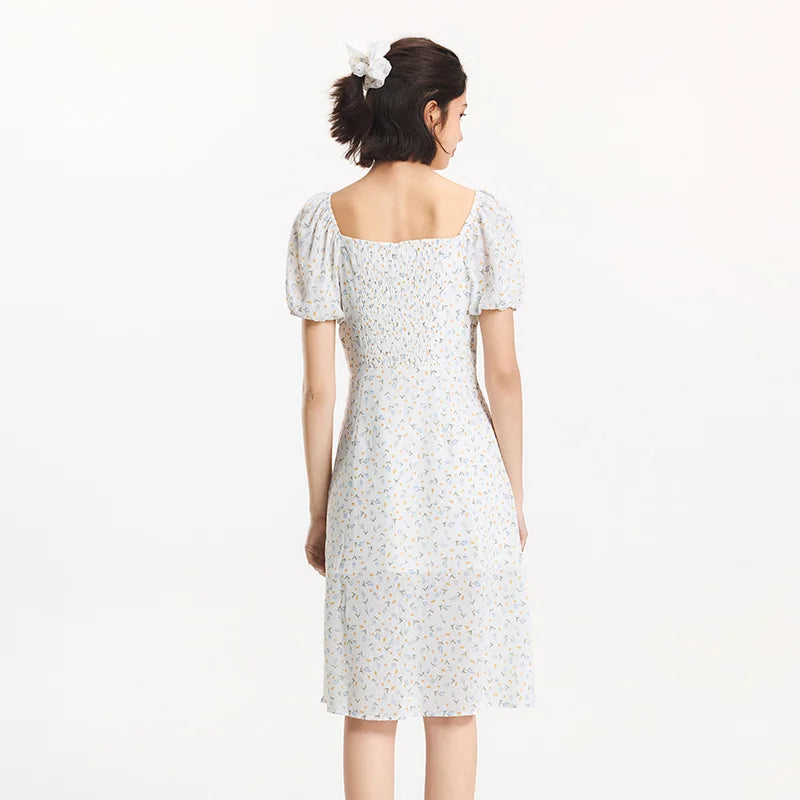 Semir Dress Women Puff Sleeve Romantic Playful Girly Summer French Square Neck Twist Split Chiffon Floral Dress