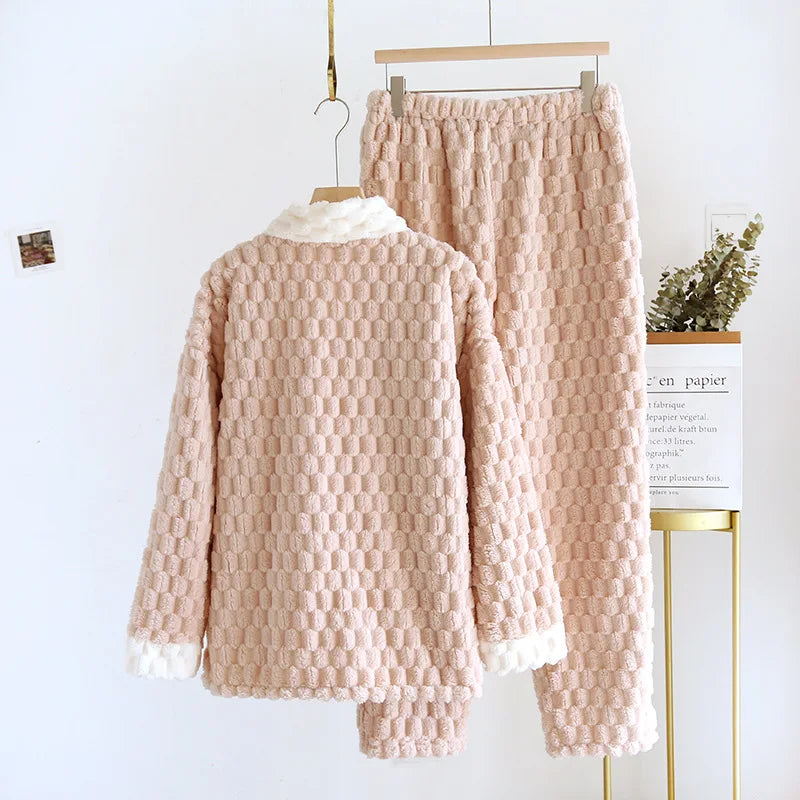 Thick Warm Flannel Sleepwear Set For Women Winter Cardigan Pant Suit Casual Home Wear Clothes Loose Outside Female Pajamas