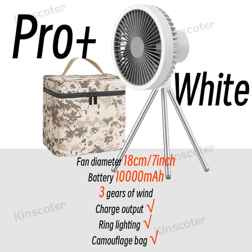 10000mAh Camping Fan Rechargeable Desktop Portable Circulator Wireless Ceiling Electric Fan with Power Bank LED Lighting Tripod Pro MAX White