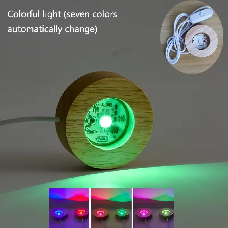 6cm/8cm Round Panel Decorative Light LED Ambient Lighting USB-Powered Wooden Base Night Light Handmade DIY Decorative Lamp