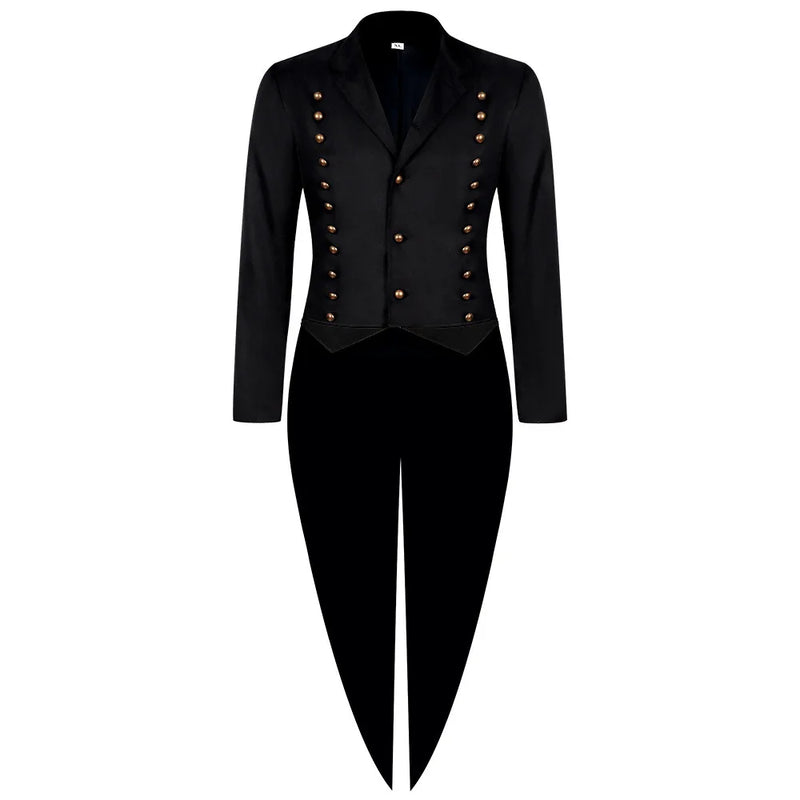 2026 New Arrival Men's Black Tuxedo, Triple-Breasted Green Patchwork Long Jacket, Vintage-Style Outerwear.